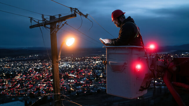 Utility line worker repairing electrical infrastructure above illuminated city at dusk