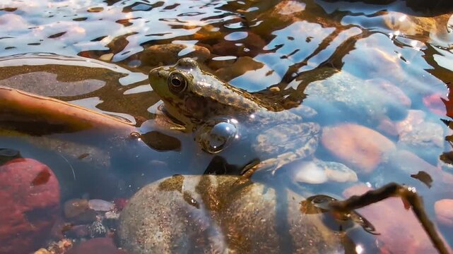Green Frog rests on sunlit rocks as gentle waves lap ashore in northern Wisconsin