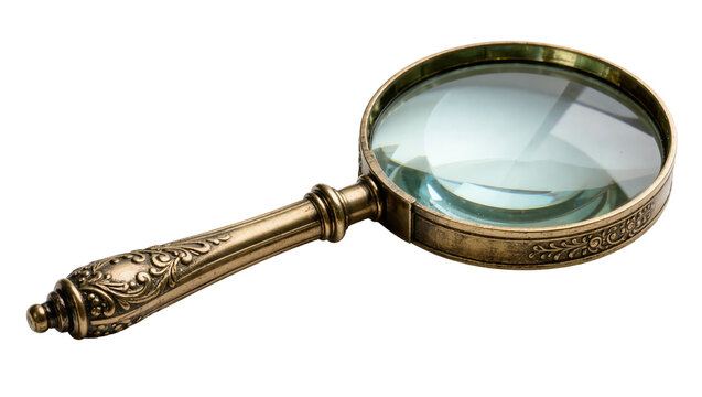 Antique brass magnifying glass with ornate handle, isolated on transparent background