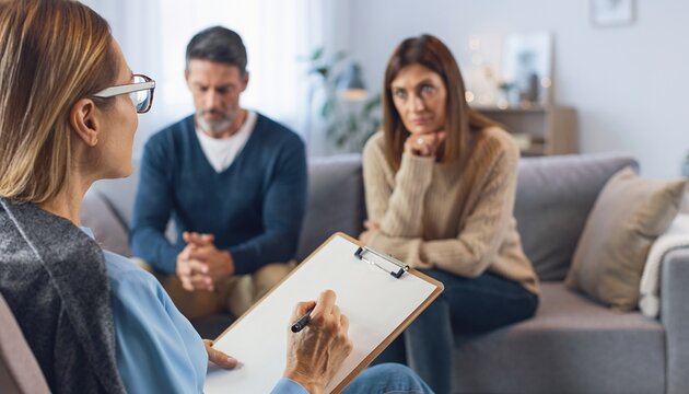 A professional psychologist taking notes during therapy session with an unhappy middle aged couple sitting on couch discussing relationship issues and marriage crisis