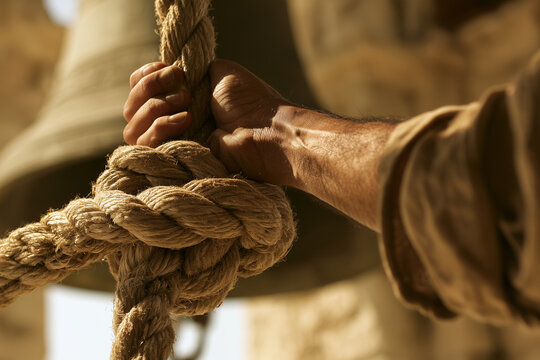 Bell Ringer Pulling Rope in Historic Stone Bell Tower