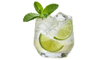 Refreshing gin tonic with lime slices and mint leaves, isolated on transparent background © Charlie
