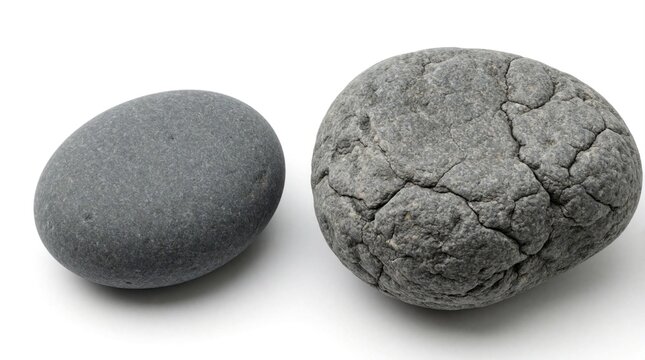 Two grey stones lie on white background. One smooth pebble sits next to large textured rock with cracked surface. Minimalist natural mineral objects isolated on plain backdrop for zen spa decor