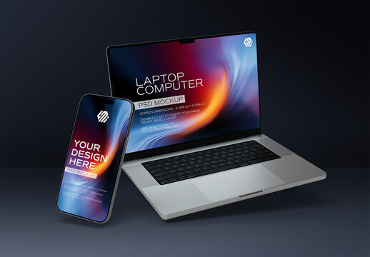Isolated Silver Smartphone and Laptop Floating on Black Background Mockup