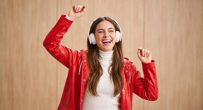 Joyful young woman wearing wireless headphones dancing and smiling while listening to her favorite playlist dressed in a red raincoat