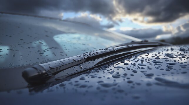 Rain on a car windshield with cloudy sky.