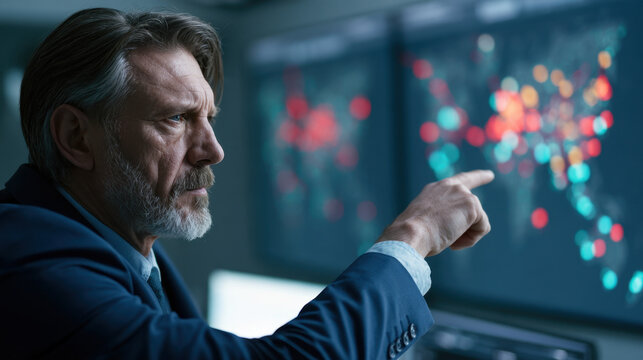 Supply chain executive analyzing global supplier risk map and international disruption data