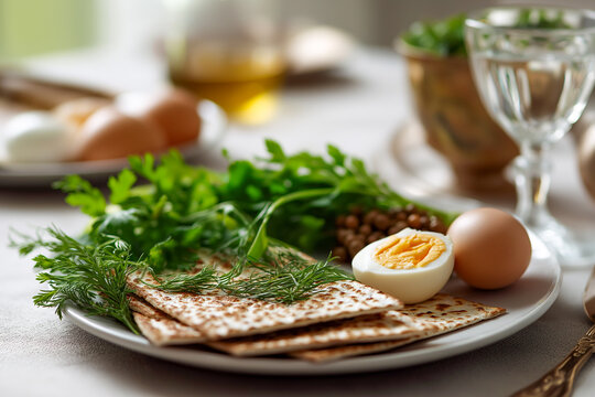 Passover Seder plate with symbolic foods like matzah, bitter herbs, charoset, and roasted egg, clean background, selective focus, natural colors, cultural and religious holiday concept