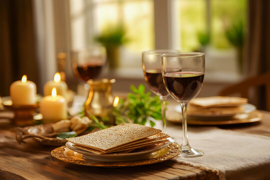 Traditional Passover Seder table beautifully set with matzah, wine glasses, seder plate, and candles, warm indoor lighting, shallow depth of field, elegant composition, Jewish holiday celebration