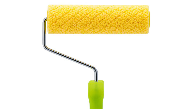 Yellow textured sponge paint roller with green handle, isolated on transparent background