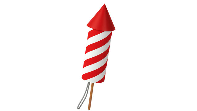 Red and white striped firework rocket with a wooden stick, isolated on transparent background