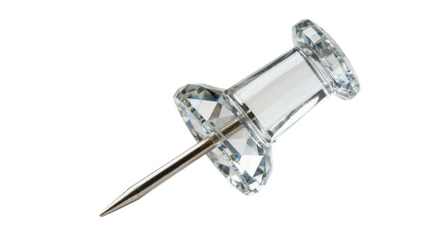 Sparkling faceted clear crystal pushpin, isolated on transparent background
