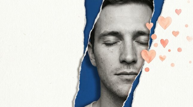 Close up of mans face torn in blue paper with hearts illustrating emotional vulnerability and love