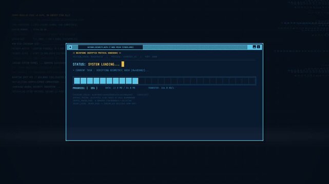 Retro cyberpunk computer terminal GUI animation featuring fast boot code stream, pixelated chunky dialog box, system loading progress bar filling with pixel blocks, and access granted confirmation in