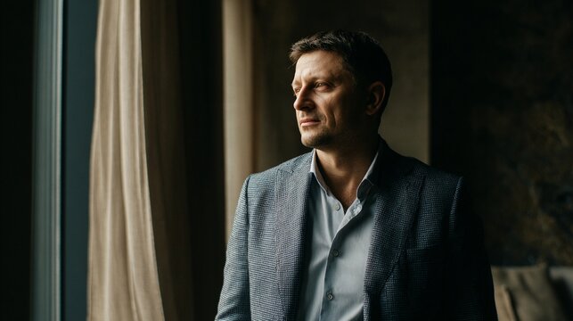 Thoughtful man in formal attire gazing out window