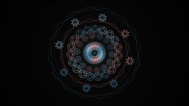 Looping mandala artwork featuring concentric red and blue floral patterns on black background