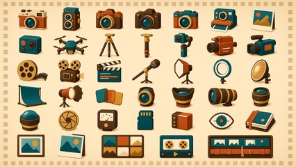 Fototapeta premium Photography and Videography Camera Equipment Retro Icon Set