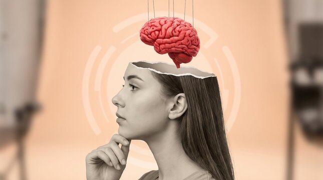 Surreal concept of a young woman thinking with a red puppet brain suspended on strings representing mind control, psychological manipulation, and cognitive intelligence