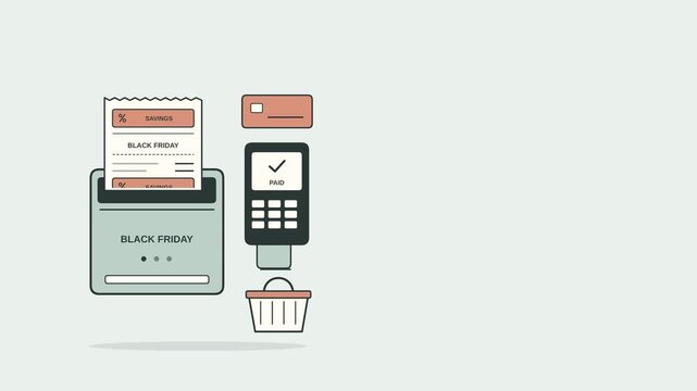 Black Friday checkout savings receipt animation with discount totals, purchase summary and retail payment details, featuring Open Copy Space Area for ecommerce campaigns and promotional text