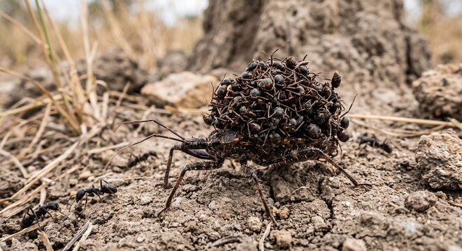 Assassin bug nymph carrying a camouflage pile of dead ants on its back across dry earth