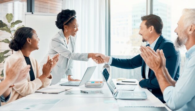 Diverse business partners shaking hands across table while colleagues applaud to celebrate a successful corporate deal and partnership agreement in a conference room