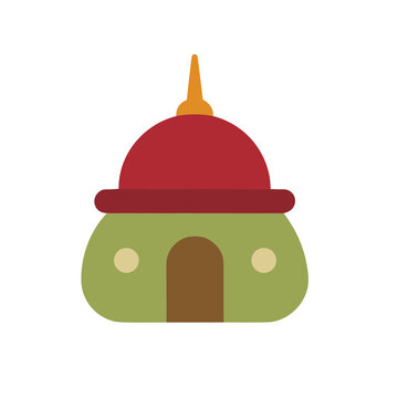 Stylized green building with red dome roof and orange spire
