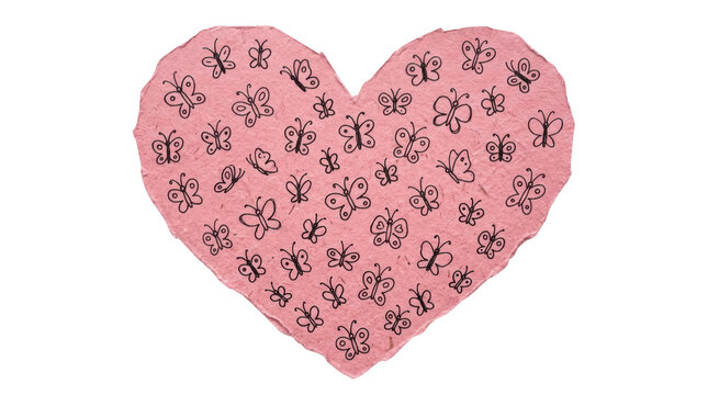 Heart shaped handmade paper with butterfly pattern isolated on transparent background