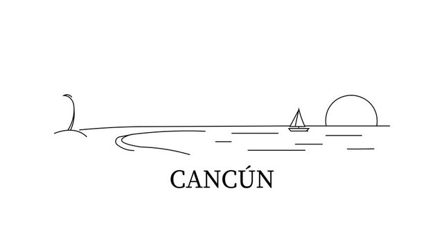 Simple line drawing of Cancun skyline at sunset