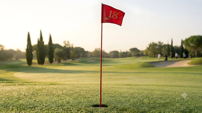 Early morning sunlight on a waving golf flagstick on a neatly trimmed putting green with softly blurred golf course background