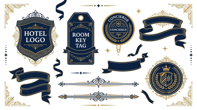 Elegant Vintage Hotel Icons: Logo, Key Tag, Concierge Badge, Ribbons