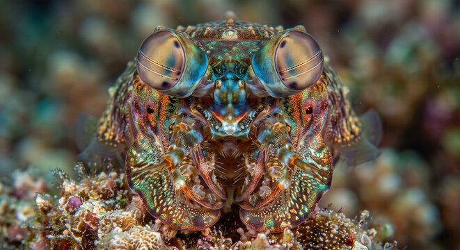 Symmetrical front-facing macro portrait of a vibrant peacock mantis shrimp on coral reef seabed