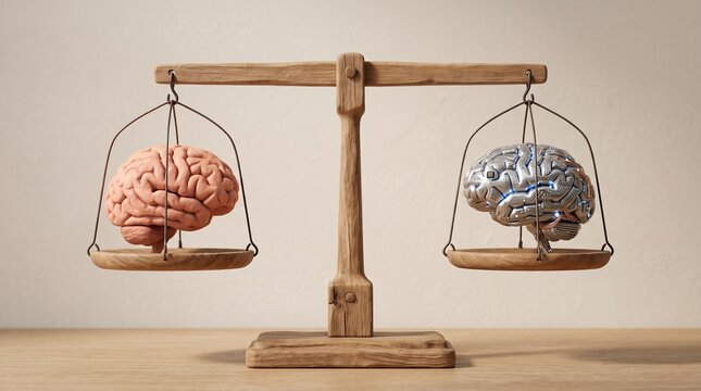 ​Wooden balance scale weighing a pink human brain against a futuristic cybernetic metallic brain equally.