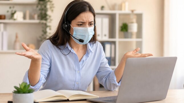 Frustrated customer support woman wearing face mask gestures at laptop screen while dealing with communication problems or technical issues during remote work