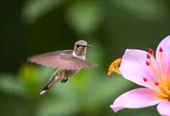 Fototapeta premium Hummingbird in Flight Near Pink Lily