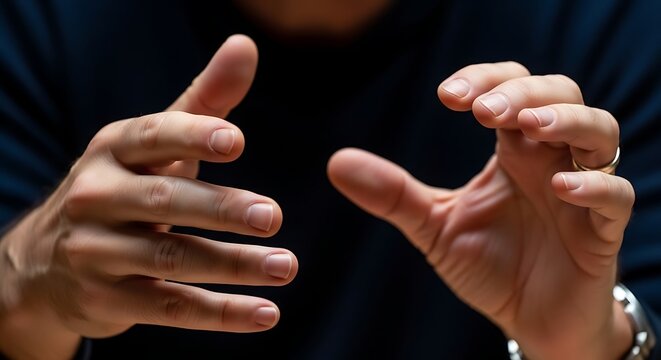 Close-up of hands making thumbs up and thumbs down gestures on dark background