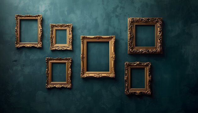 Collection of decorative vintage golden picture frames arranged symmetrically on a dark textured wall.