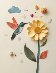 Fototapeta premium Whimsical paper art collage featuring a handcrafted hummingbird and large yellow flower on a cream background.
