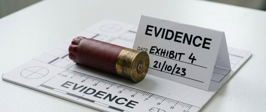 Crime Scene Evidence Shotgun Shell Casing on Forensic Scale with Exhibit Marker