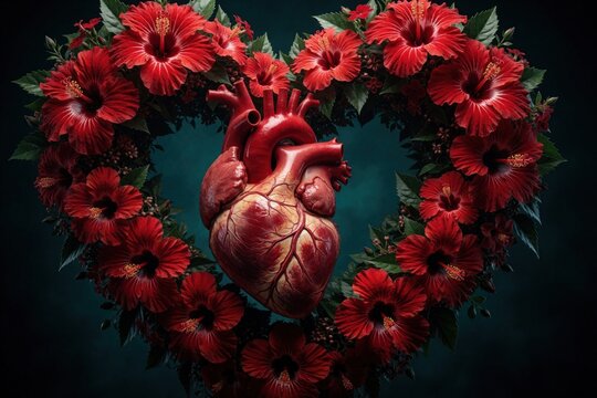 Realistic human heart sits inside large heart shaped floral wreath. Red hibiscus flowers, green leaves form romantic border. Concept for cardiology, organ transplant, life, love, medical health.