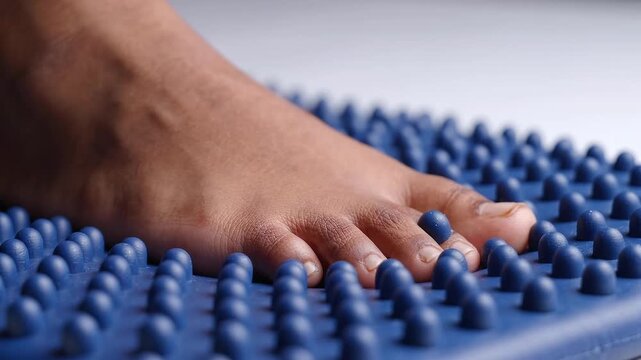 Bare foot pressing into a blue acupressure mat. Foot massage and reflexology. Pressure point stimulation for wellness and self care. Alternative therapy and at-home relaxation.