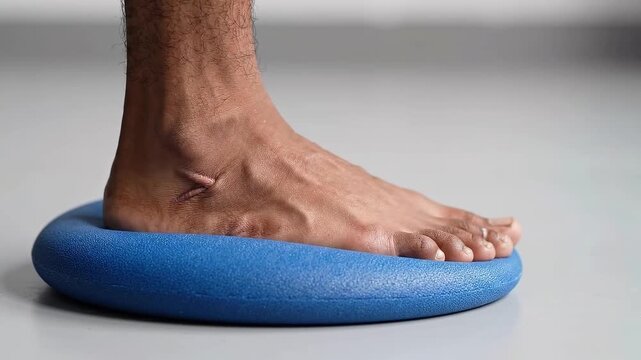 Bare foot balancing on a blue foam cushion during rehabilitation exercise. Physiotherapy and balance training. Ankle stability, proprioception and injury recovery. Physical therapy close-up.