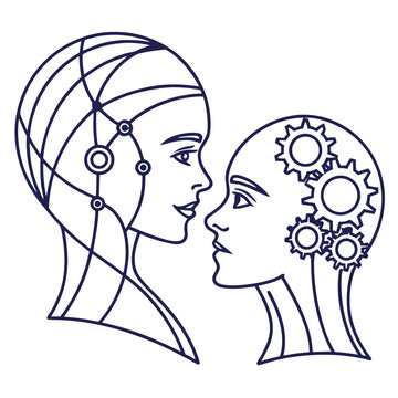 Profiles of two human figures with abstract network and mechanical gears artificial intelligence human profile machine learn