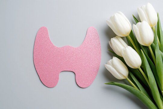 Pink paper cutout of thyroid gland shape on gray surface. White spring tulips bouquet decorates side. Concept for World Thyroid Day, medical health awareness, hormone balance, organ care. Symbol for