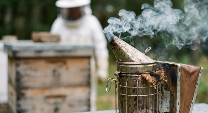 Metal bee smoker emitting smoke outdoors during beekeeping inspection with a beekeeper standing near wooden hive boxes in an apiary on a sunny summer day