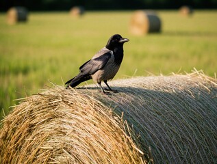 Fototapeta premium Black carrion crow sits on large hay bale in rural field. Wild bird perched on straw roll during autumn season. Intelligent avian animal looks around farm meadow under bright sunlight. Nature
