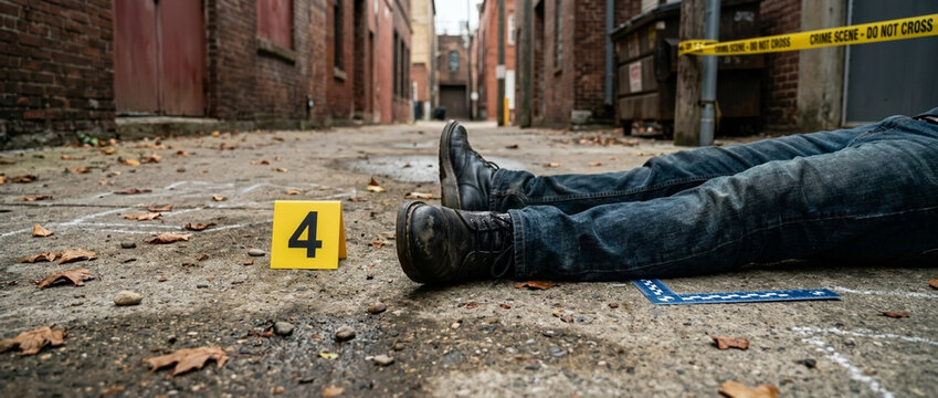Crime Scene Investigation Body in Alley with Evidence Markers and Yellow Tape