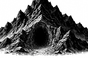 Fototapeta premium Black, white ink illustration of dark mountain cave entrance. Rocky cliff, mysterious stone tunnel opening in steep peak. Abstract monochrome graphic design shows secret passage for adventure,
