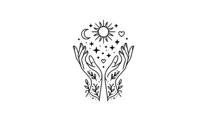 Fototapeta premium Feminine Hands with Moon Stars and Sun Linear Logo
