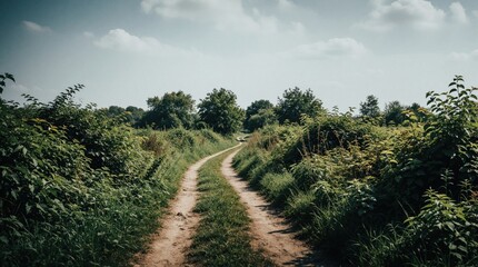 Obraz premium Dirt path winds through green countryside landscape. Rich bushes, tall grass line narrow farm road under cloudy blue sky. Scenic rural track leads into distant trees, forest. Peaceful summer day in