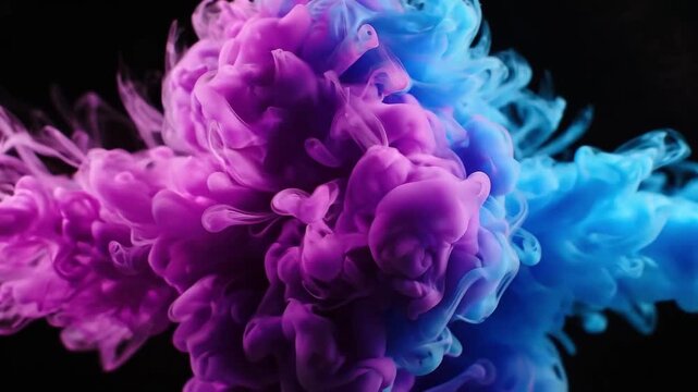 Magenta and blue ink clouds billow, collide and mingle in liquid against black. Abstract fluid motion. Color pigment diffusion. Vivid artistic background for creative design.
